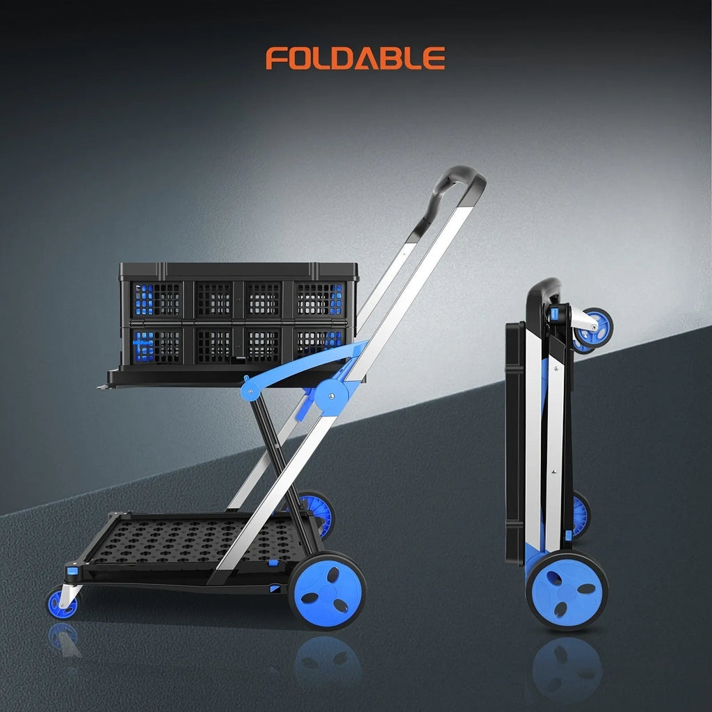 Blue foldable shopping cart with two plastic baskets stacked, showing wheels and handle.