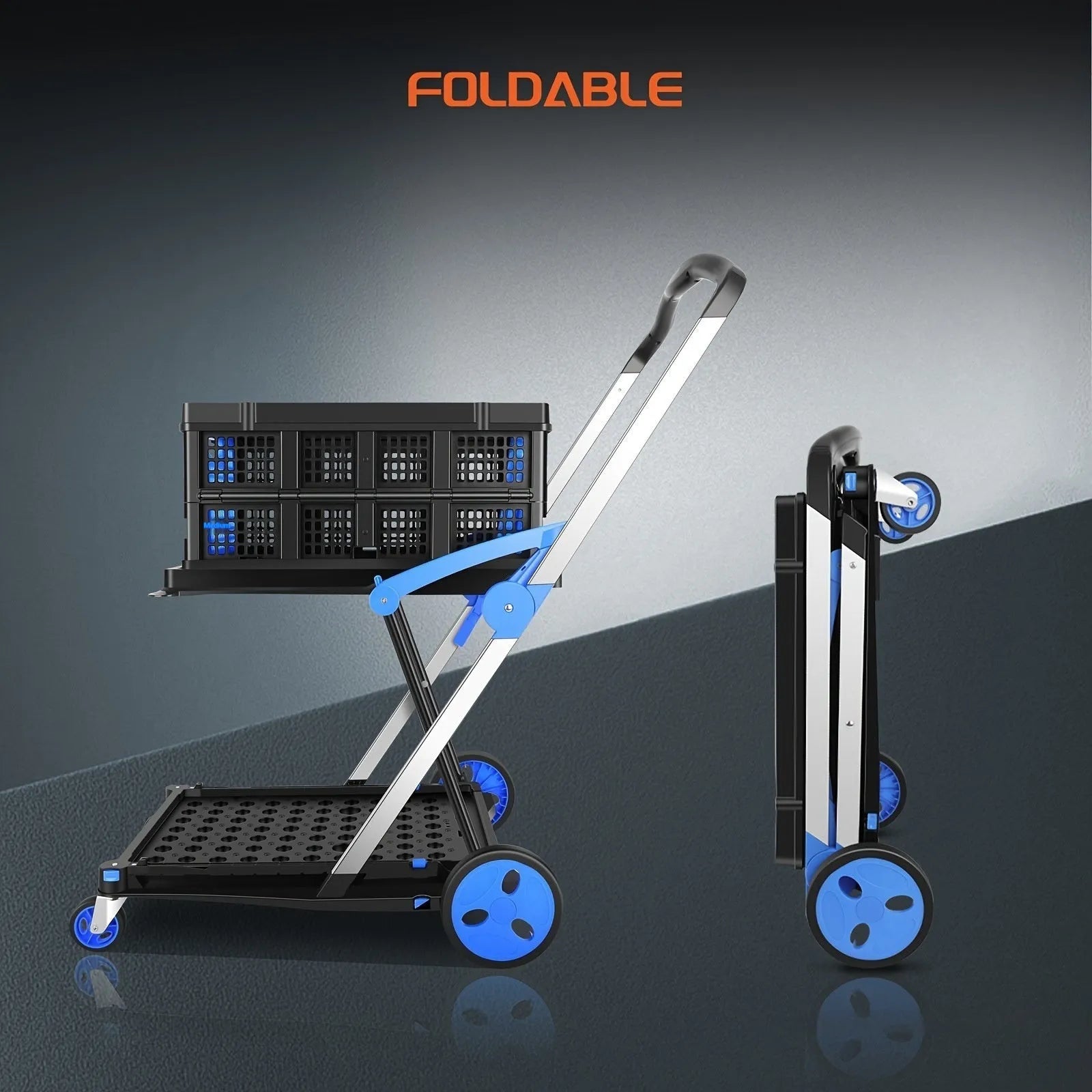 Blue foldable shopping cart with two plastic baskets stacked, showing wheels and handle.
