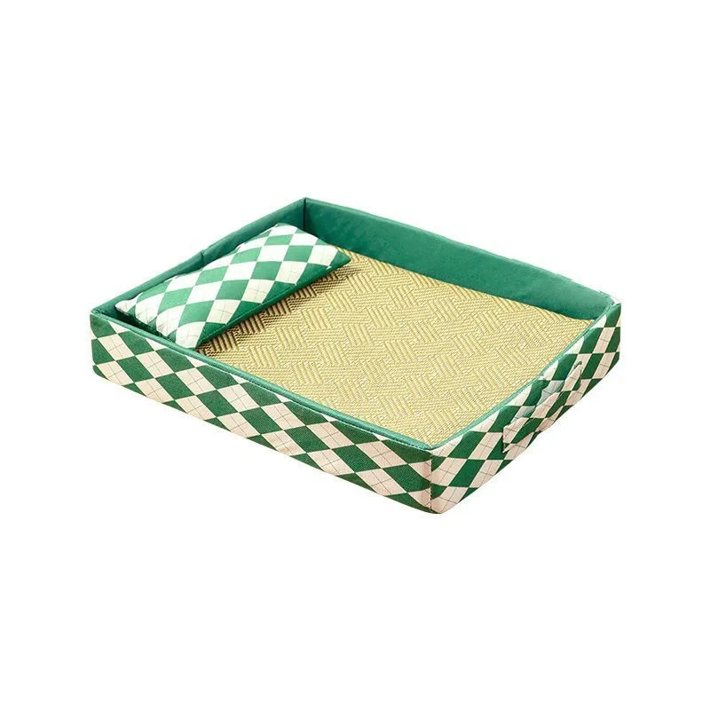 Rattan cat bed mat in blue colour showing size options for pet sleeping area