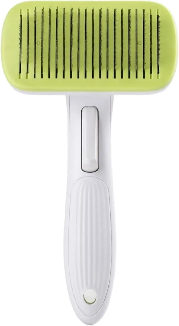 Automatic pet hair removal comb for dogs and cats showing one-click operation mechanism