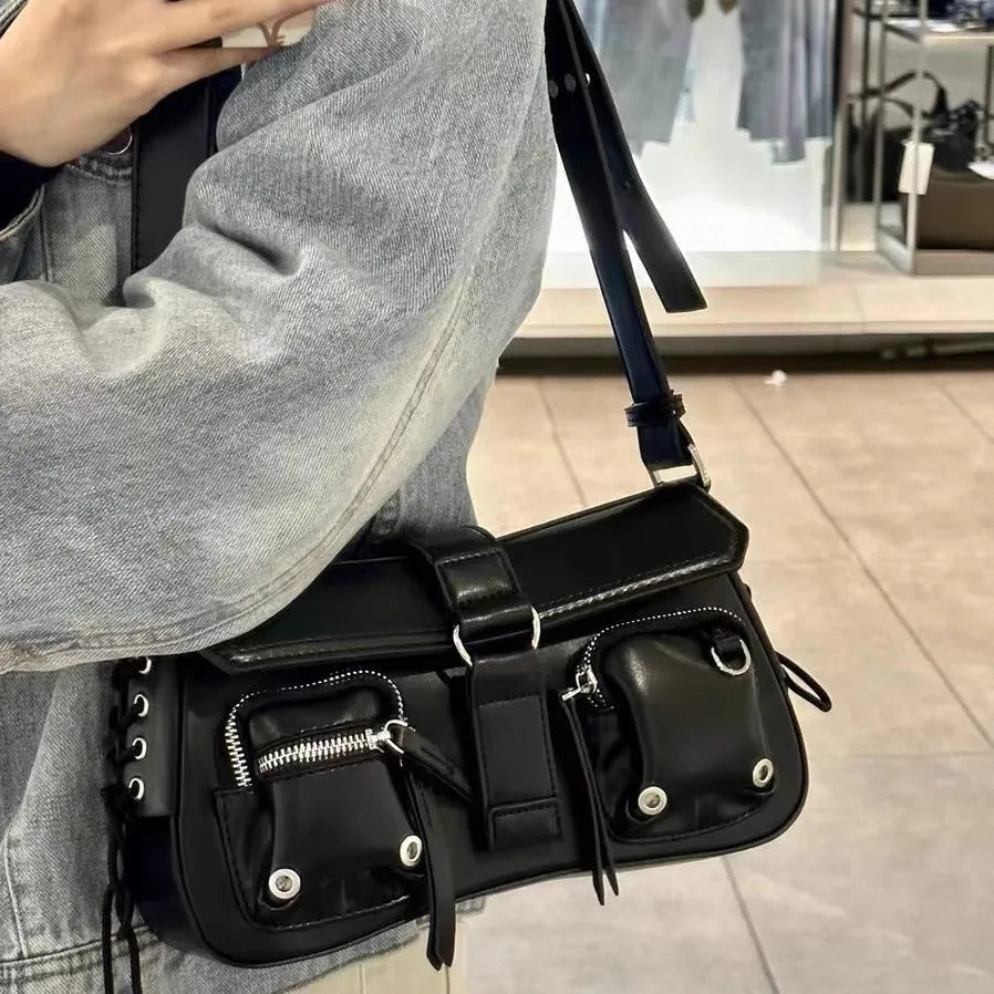 Black PU leather baguette messenger bag with adjustable crossbody strap and zippered compartment