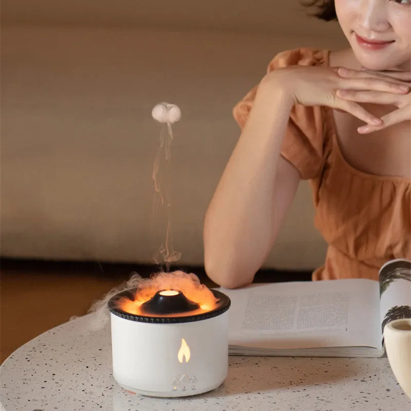 New two-colour spray ring volcano humidifier in black with a round body and single fog outlet