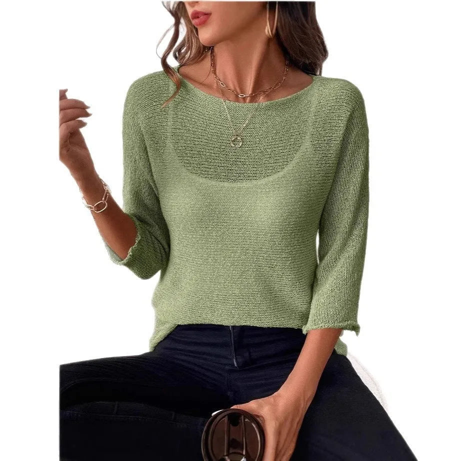 Women's off-shoulder knitted overall top in thin polyester with 3D pattern and 3/4 sleeves
