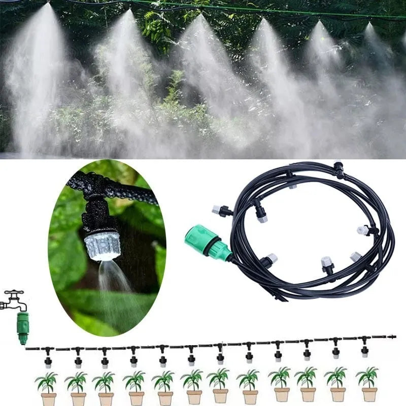 10m garden irrigation micro spray hose kit with ten mist nozzles on green grass