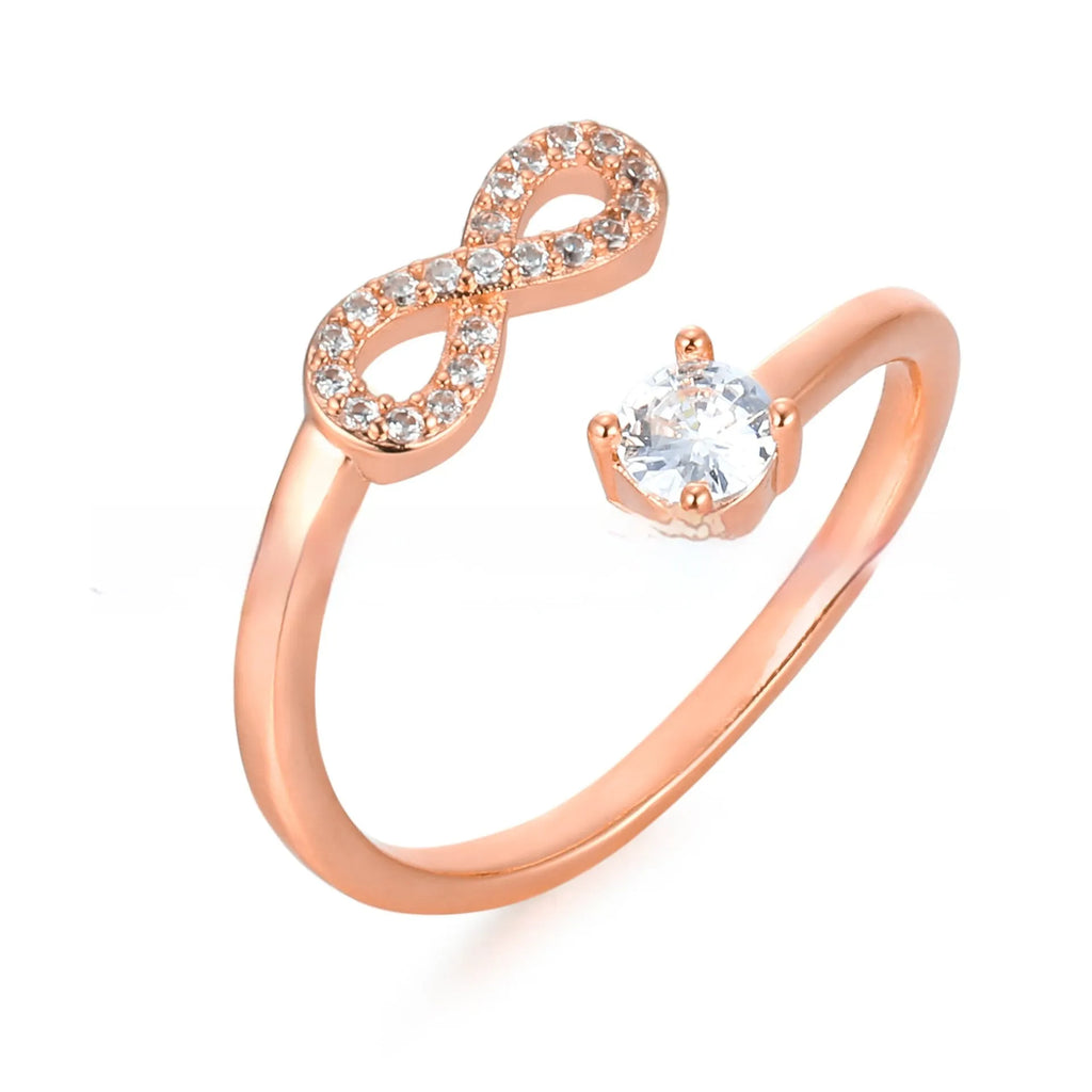 Geometric shape zircon letter ring showing alphabet sizing and three metal colour options