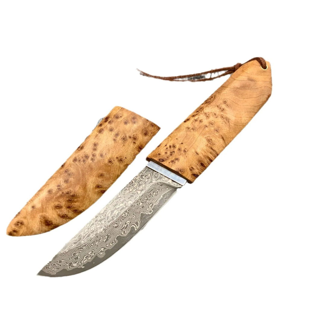 Outdoor camping forged Damascus pattern steel short knife with VG10 blade and Thuja wood handle, 18cm full length