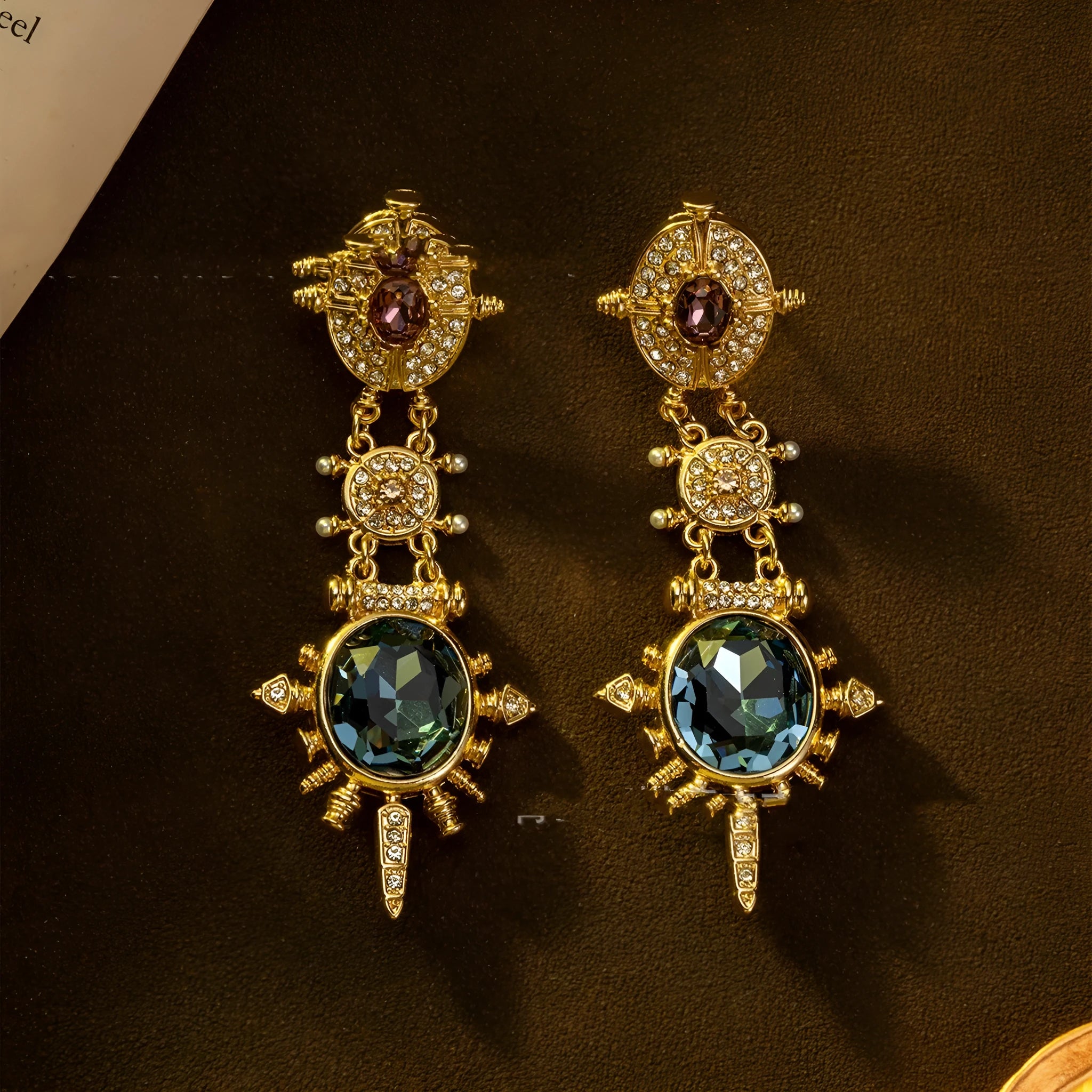 Gold geometric retro stud earrings with diamond finish on alloy material