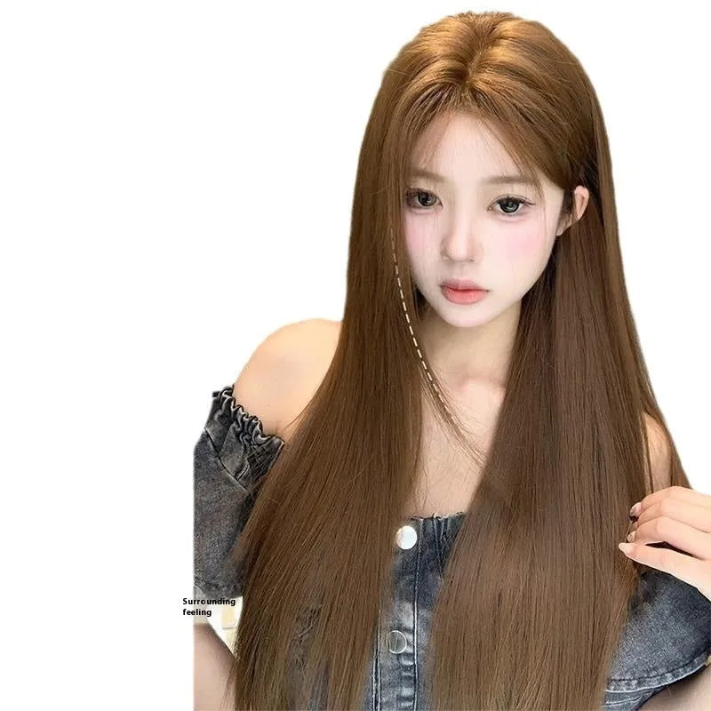Warm brown long straight wig with centre-parted bangs and forehead lace, natural style