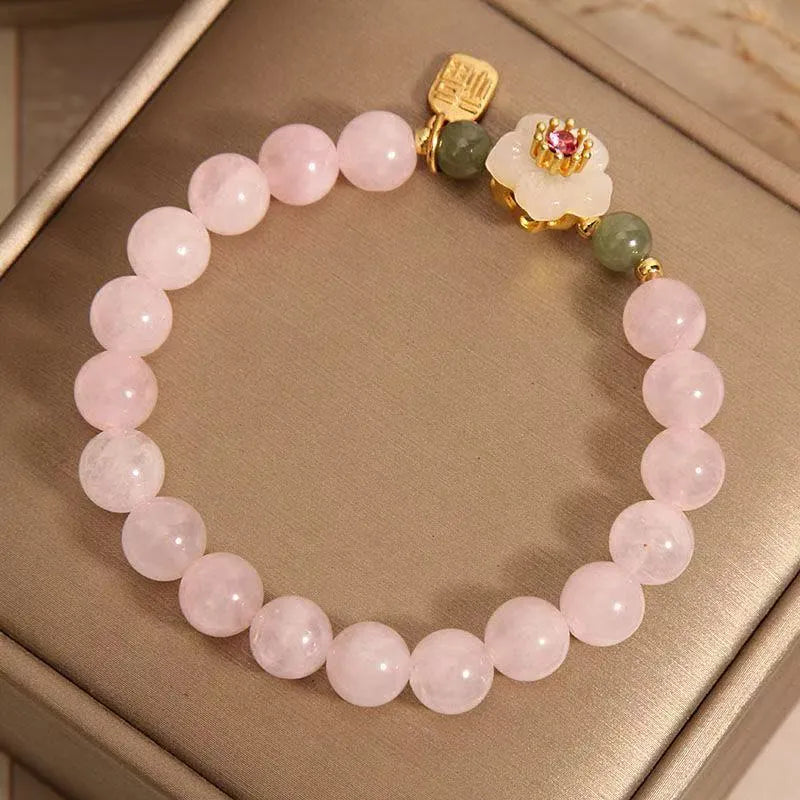 Crystal Hetian jade beaded bracelet with polished fruit shape beads and camellia element in blessing card colour