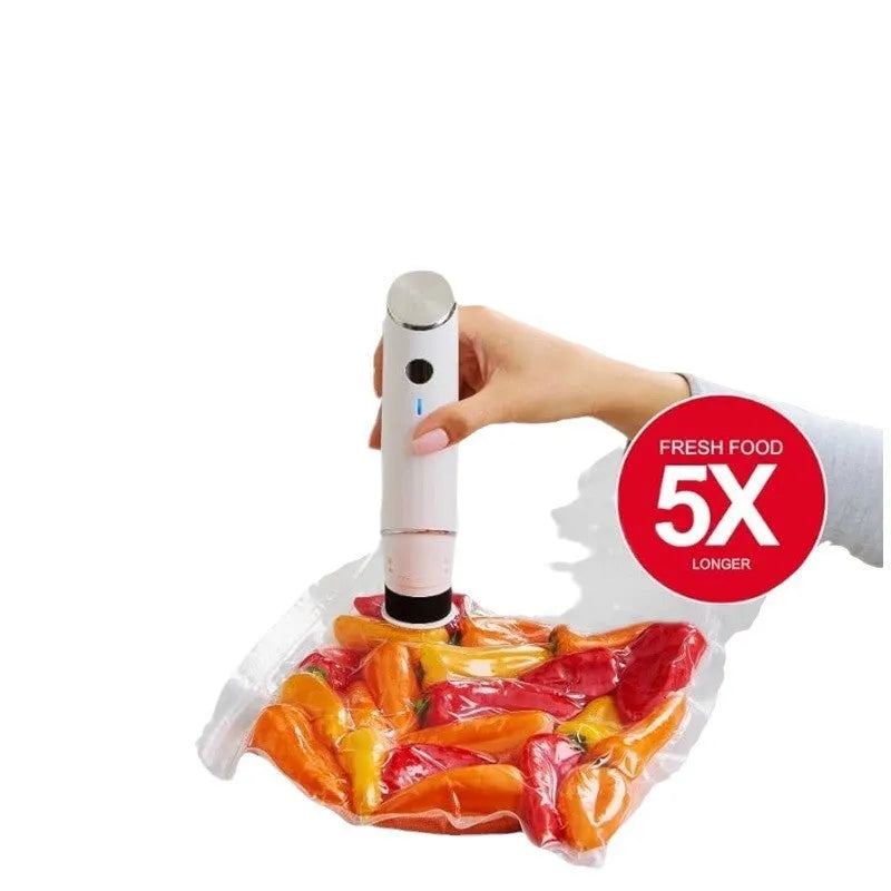 White USB electric suction pump and five 26x28cm food grade vacuum bags with zipper and air valve