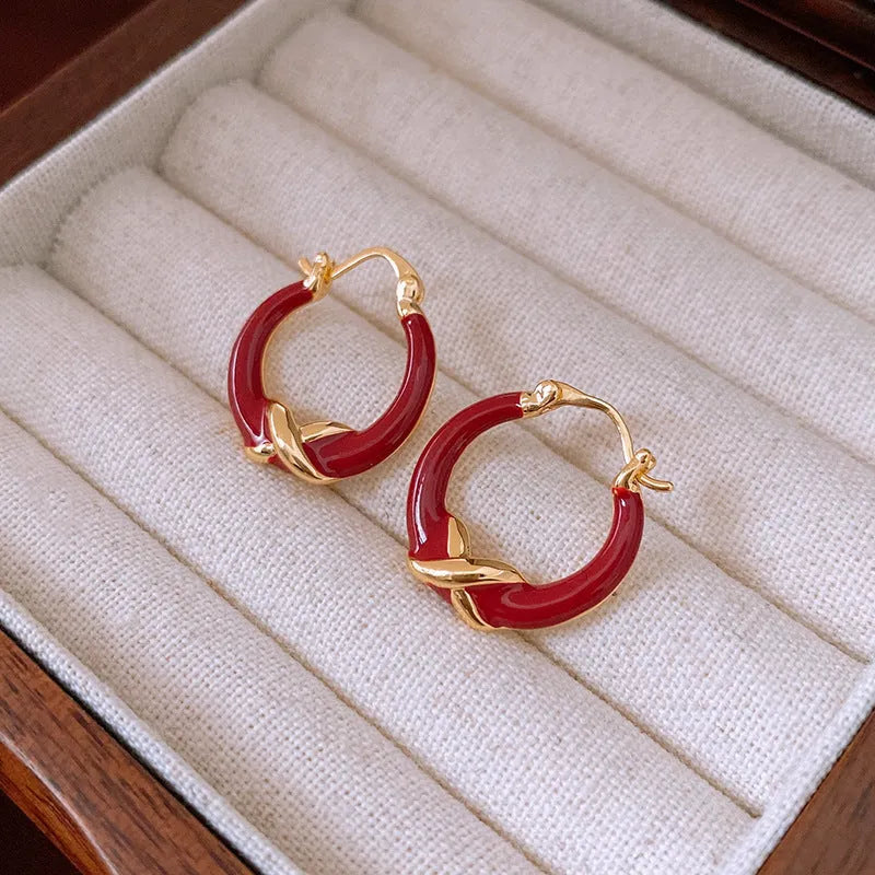 Real gold plating red enamel earrings for women copper geometric ear clip letter motif