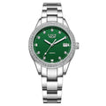 Women's silver tone quartz watch with diamond-encrusted bezel and luminous dial