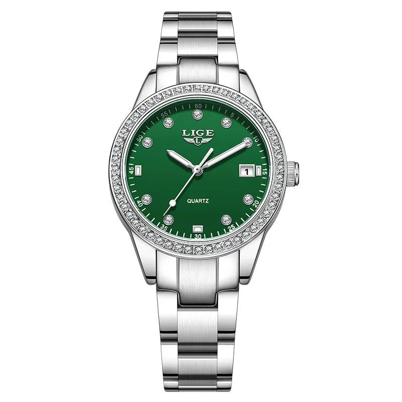 Women's silver tone quartz watch with diamond-encrusted bezel and luminous dial