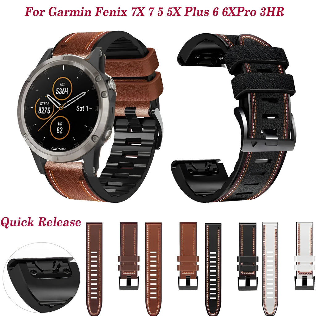Silicone leather quick release watchband for Garmin Fenix smartwatch in black, shown alongside brown and white colour options.