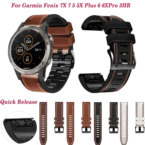 Silicone leather quick release watchband for Garmin Fenix smartwatch in black, shown alongside brown and white colour options.