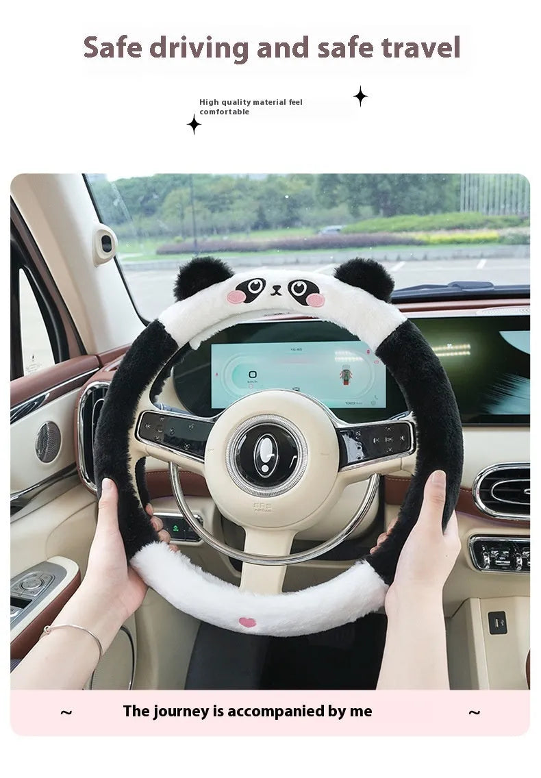 Plush car steering wheel cover with embroidered cartoon animal design for winter