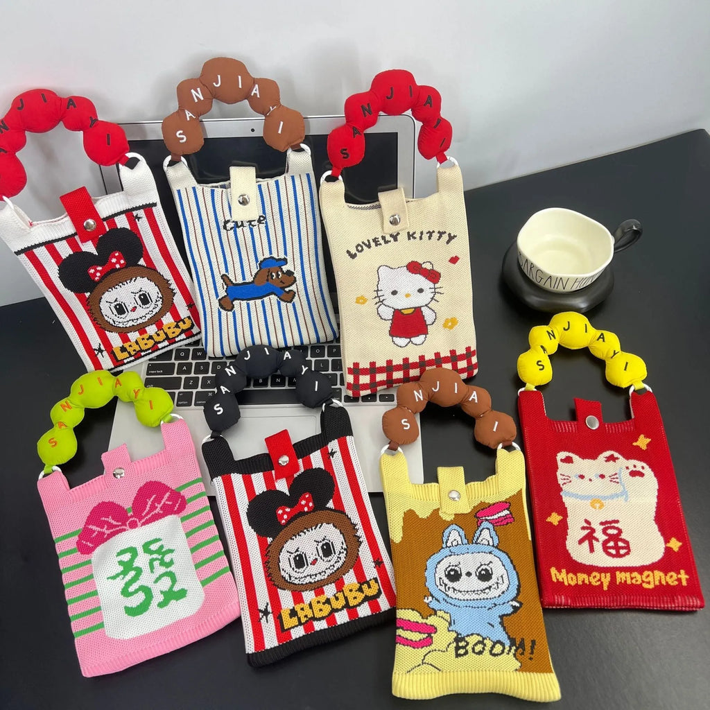 Cute cartoon knitted polyester messenger bag in square vertical shape with single shoulder strap, featuring an open pocket and mobile phone pocket.