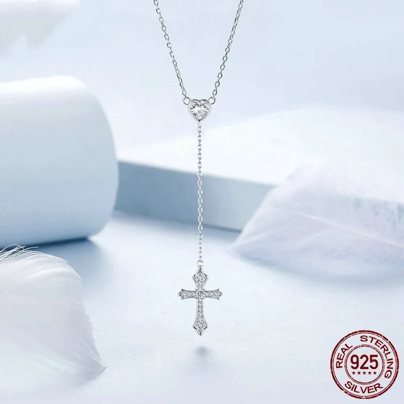 Silver cross necklace with V-neck pendant on O-ring chain, 925 silver jewellery for women