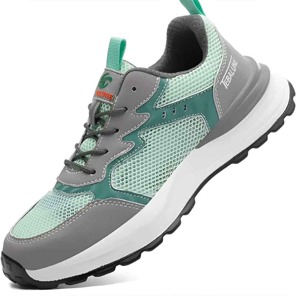 Green low-top anti-smash work shoes with plastic steel toe, microfiber leather and flyknit mesh upper, TPU sole, side view