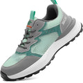 Green low-top anti-smash work shoes with plastic steel toe, microfiber leather and flyknit mesh upper, TPU sole, side view