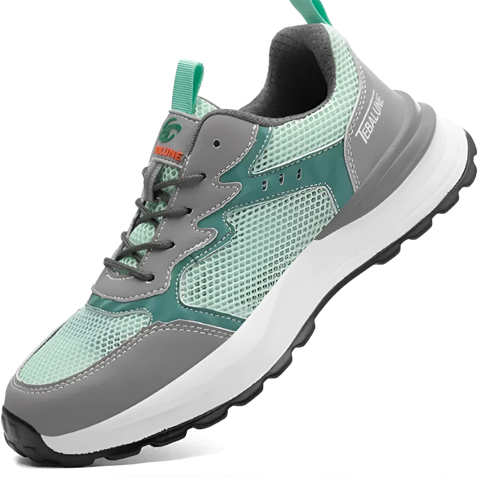 Green low-top anti-smash work shoes with plastic steel toe, microfiber leather and flyknit mesh upper, TPU sole, side view