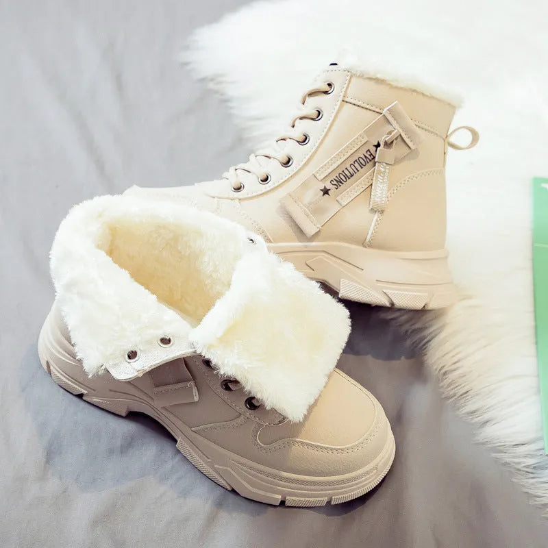 Plus size women's snow boots in khaki with velvet lining, front lace-up, rubber sole, and mid heel