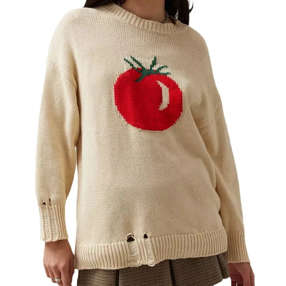 Women's beige loose-fitting acrylic sweater with round neck and long sleeves