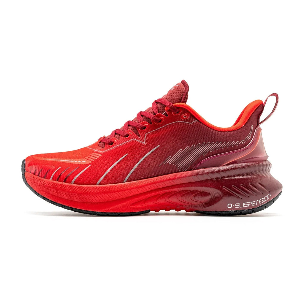 Men's black and red running shoes with mesh upper and rubber sole