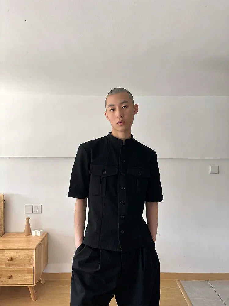Handmade black half sleeve hunting shirt with shirt collar and loose fit design