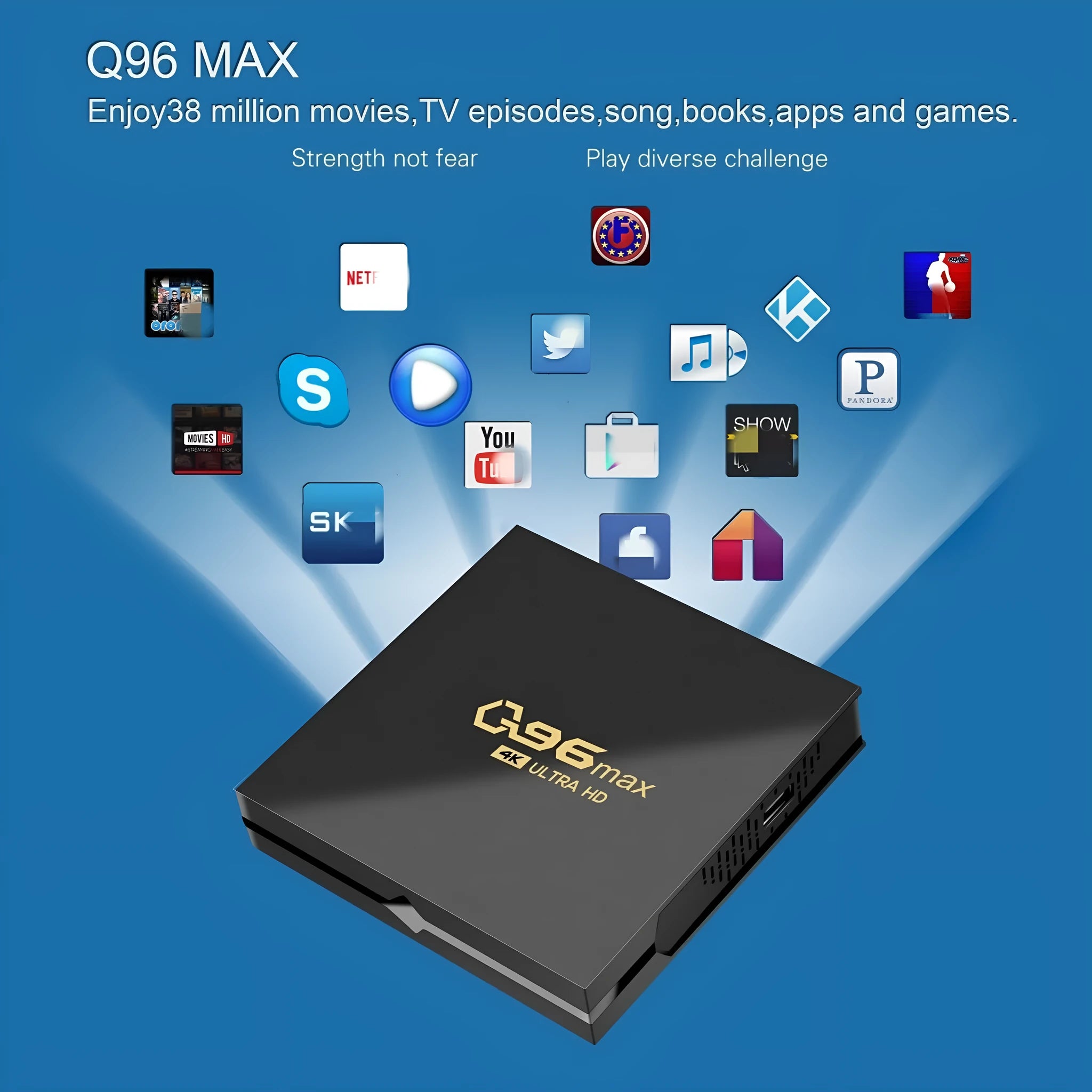 Q96 Max S905 Android TV box with 4K set-top box, remote control, and HDMI cable