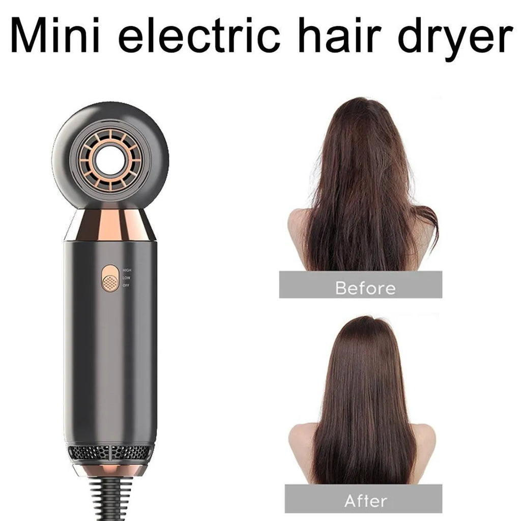 Compact leafless hair dryer with diffuser attachment showing negative ion technology and two heat settings