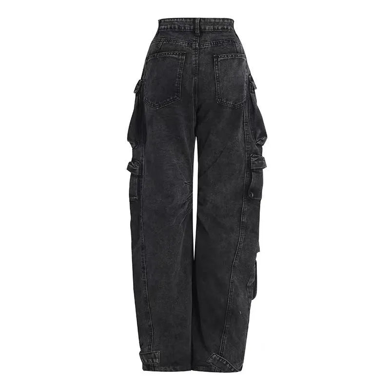 Blue high waist wide leg women's trousers with multiple pockets on a street style background.