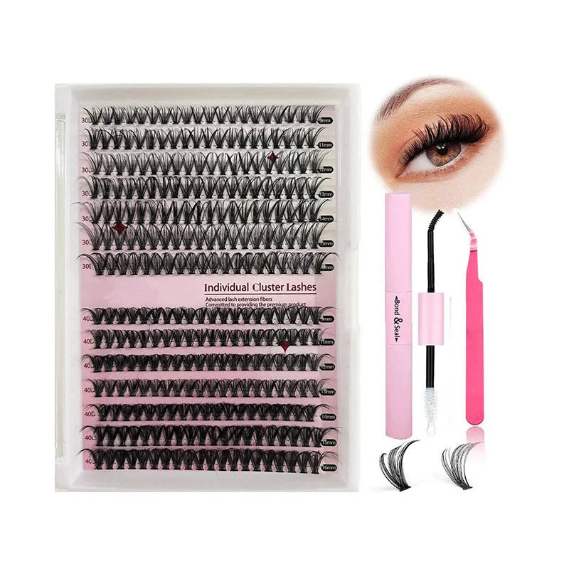 DIY mixed pack of cluster false eyelashes showing boxes of 30D, 40D, and combination lashes with tweezers.