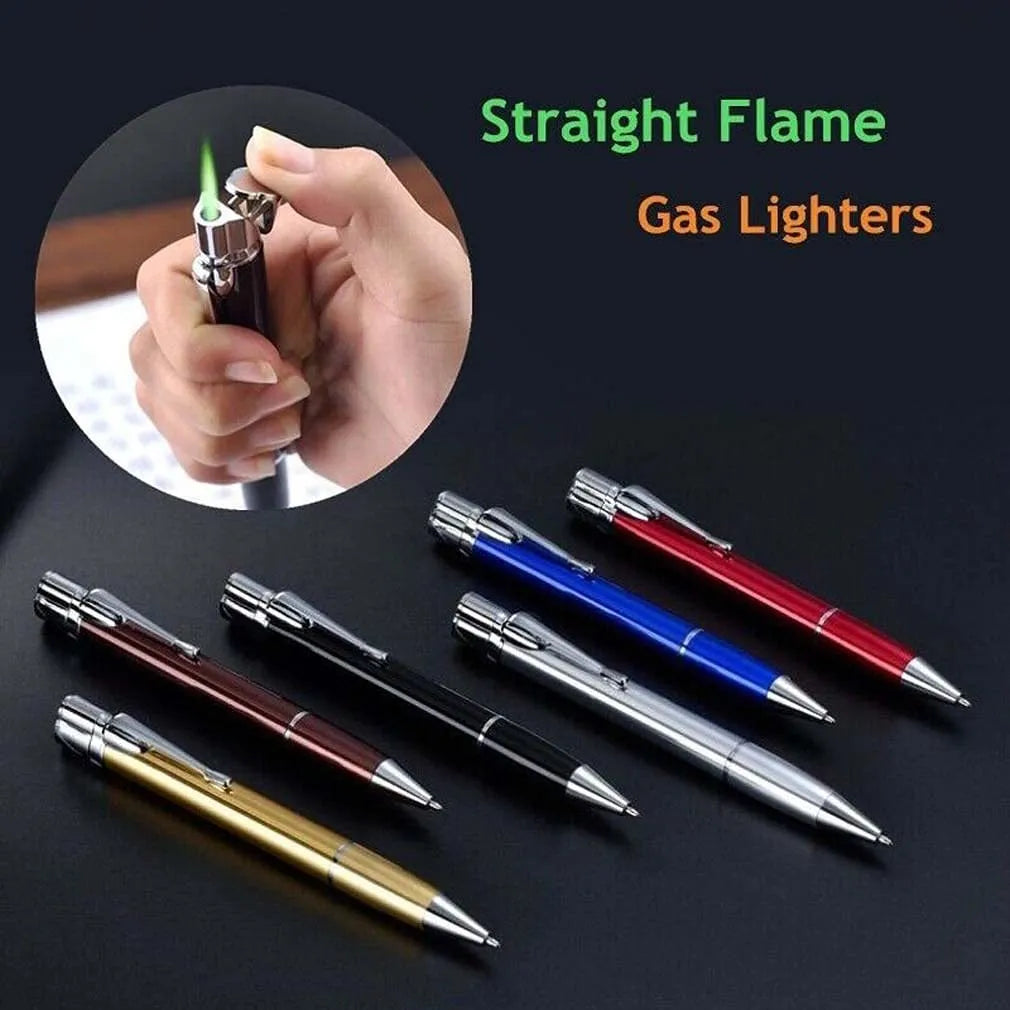 Creative metal signature pen lighter in black with windproof jet flame and red buttons on a white background