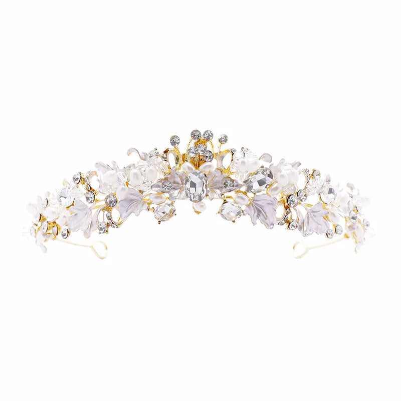 Pearl crown headdress hair accessory in gold or silver electroplated alloy