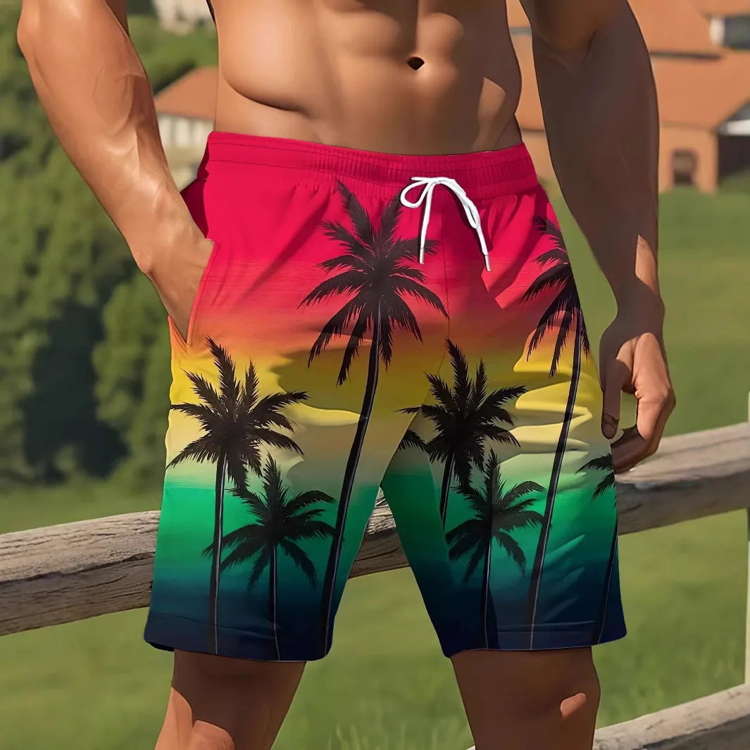 Men's quick-dry 3D print polyester swimming trunks in a vacation setting, multiple colour and size options