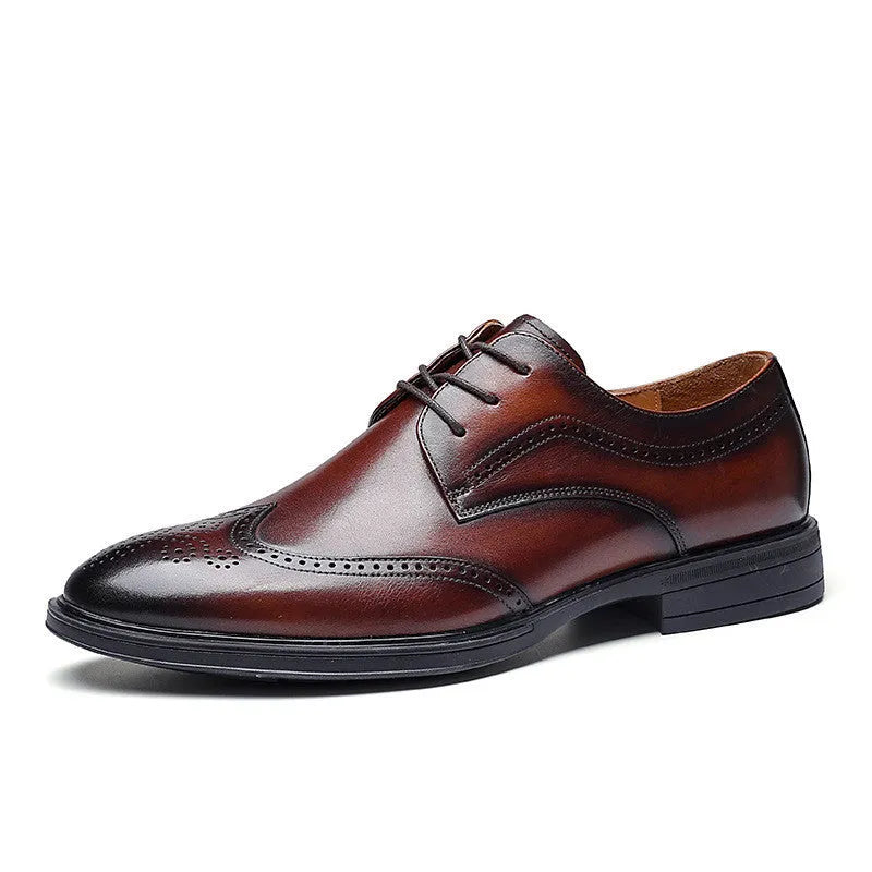 Men's leather oxford brogue shoes round toe low upper black brown