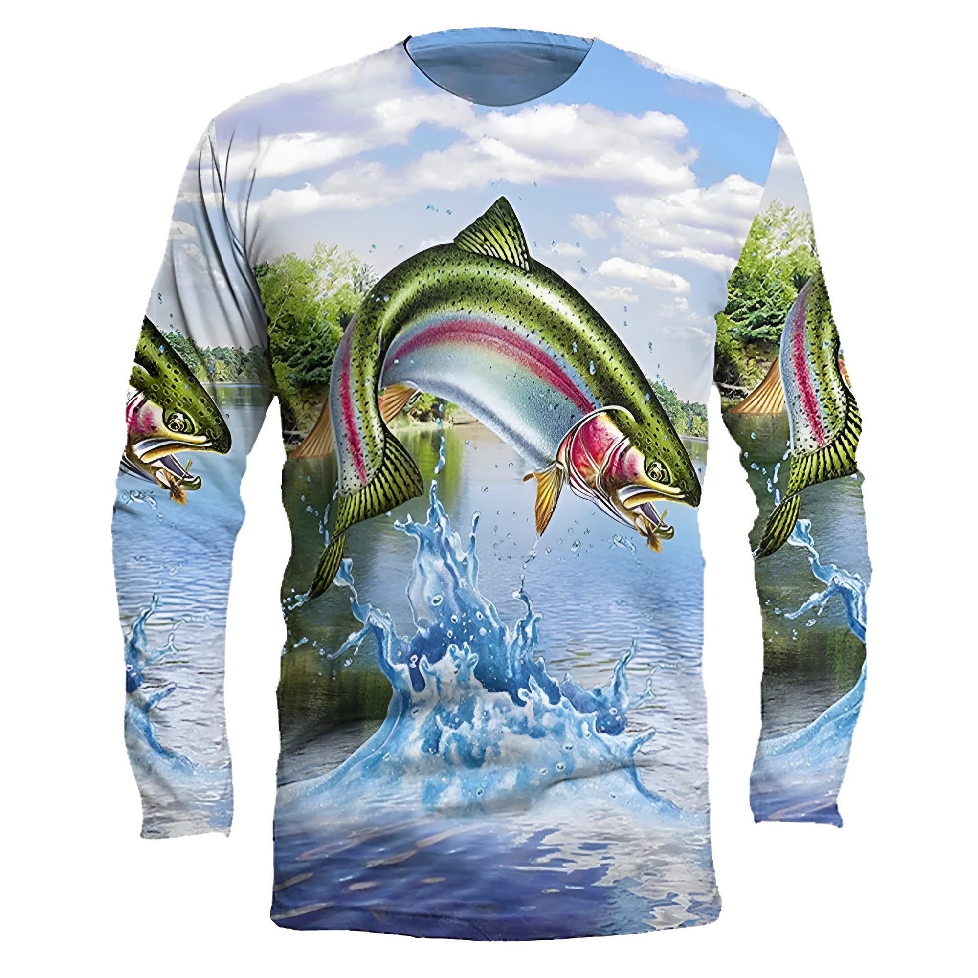 Men's grey long sleeve pullover with an all-over blue and white fish print, round neck, casual fit
