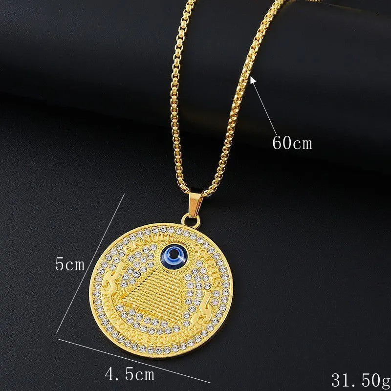 Gold-coloured geometric alloy pendant necklace for women with inlaid zircon stone details.
