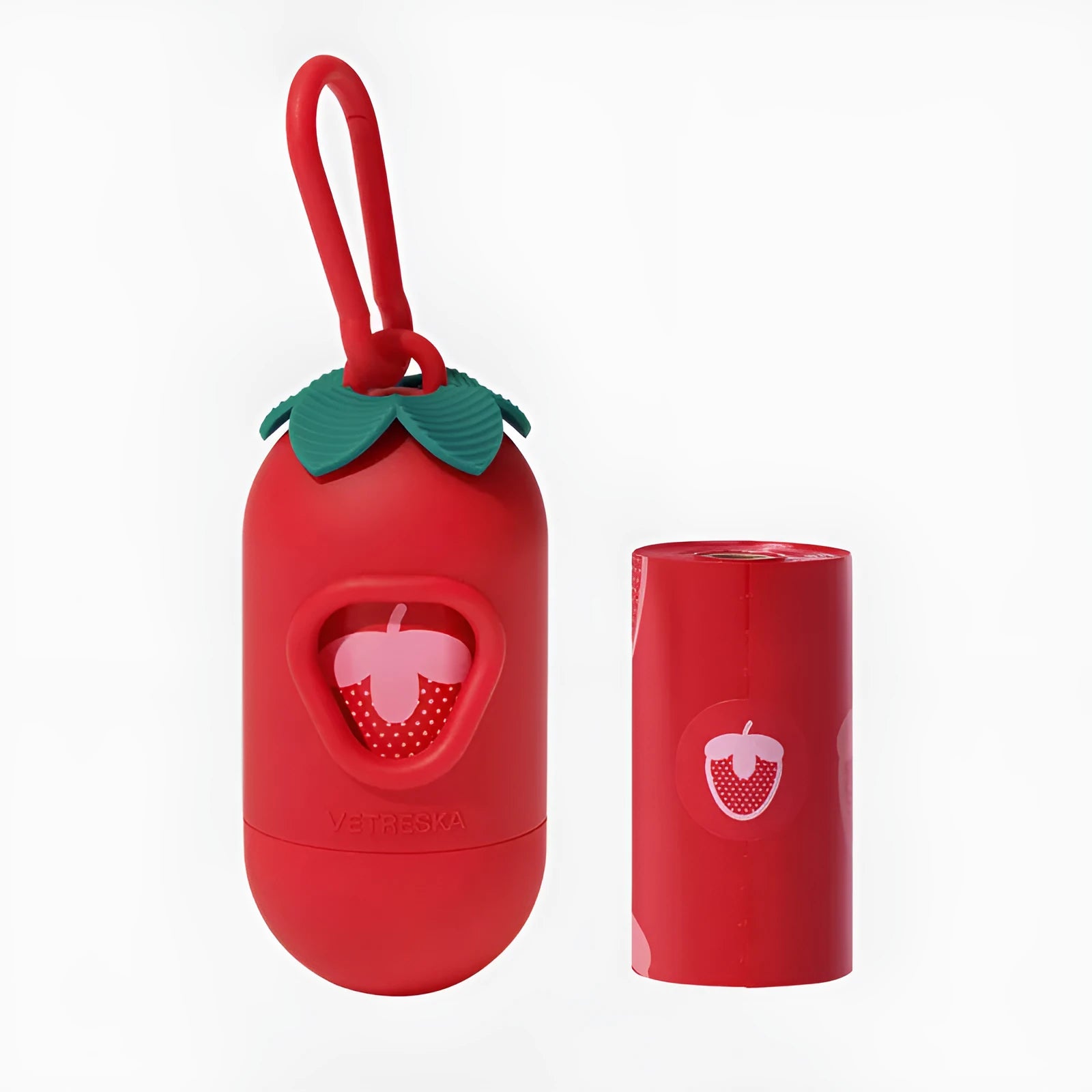 Portable dog poop bag dispenser capsule with roll of scented biodegradable bags in strawberry, orange, or cherry blossom design.