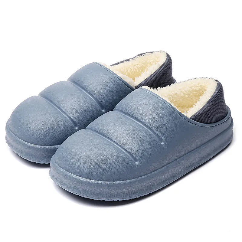 Couple cotton slippers with waterproof EVA sole and warm plush lining in various colours for winter home and garden use