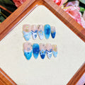 Blue hand-painted carved summer ice transparent plastic fake nails set with four size options