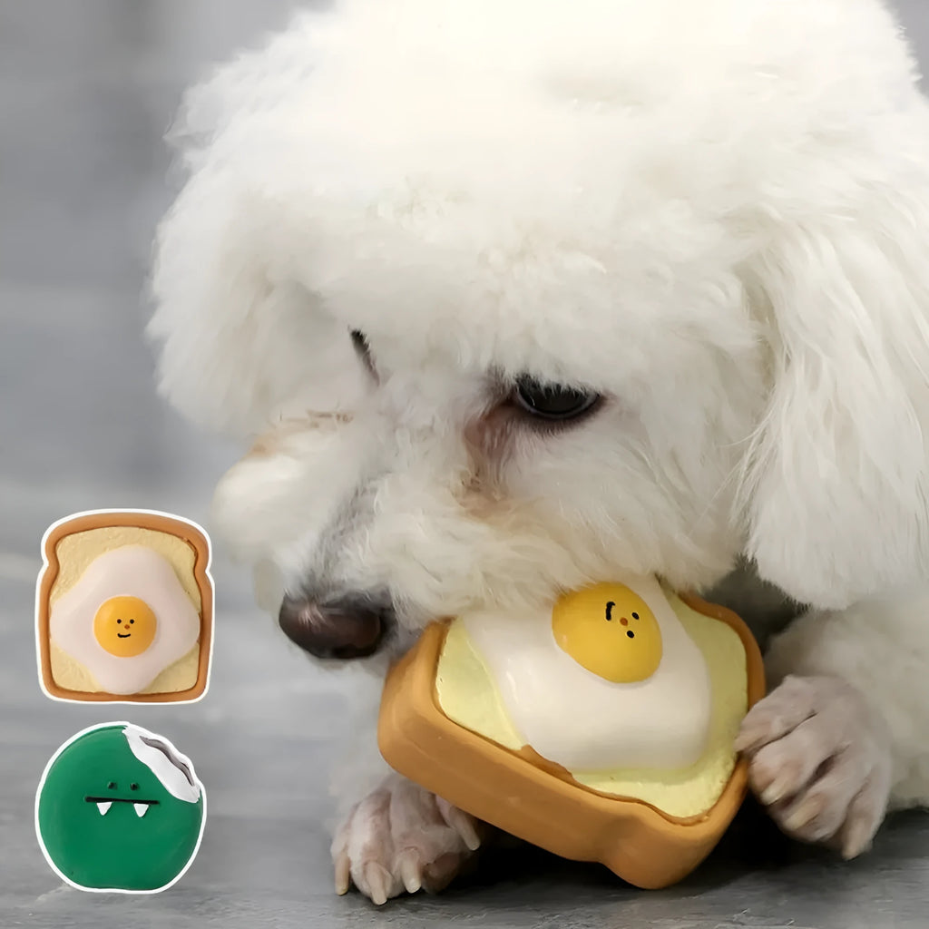 Yellow and green dog latex toy with cartoon pattern egg bread shape, bite resistant squeaky chew for puppies