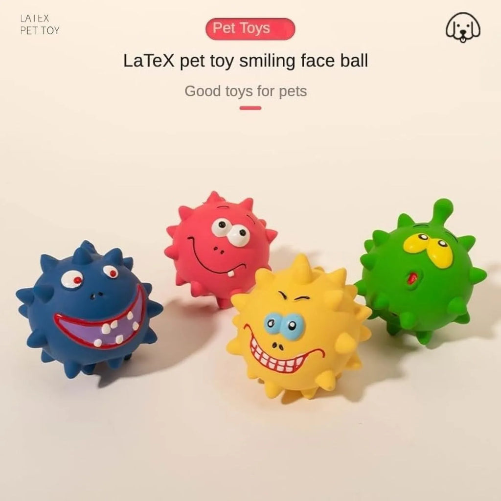 Set of four coloured natural latex squeaky dog balls with cute faces and textured surfaces