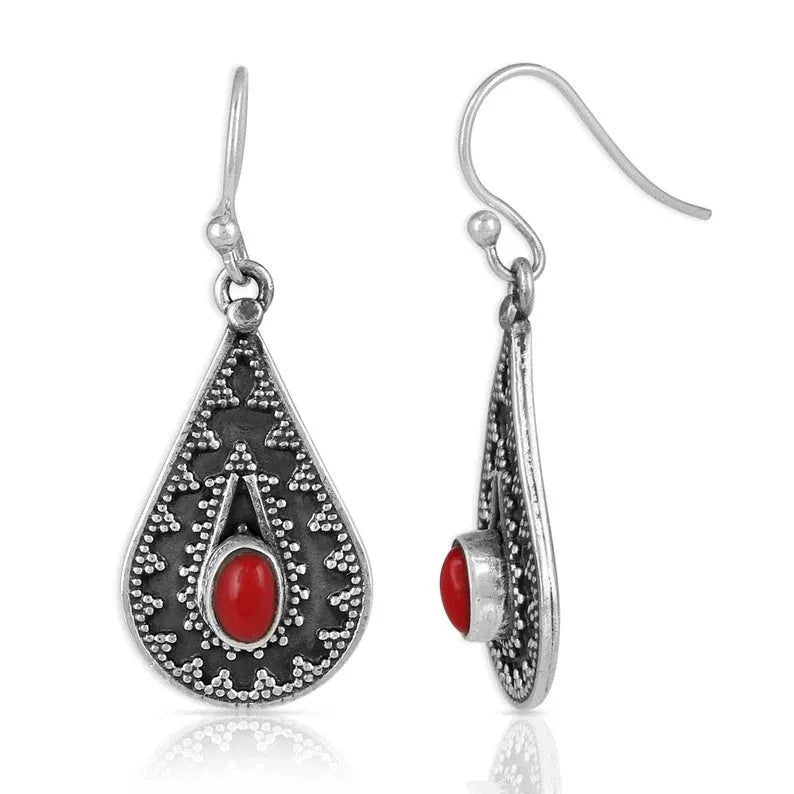 Silver water drop earrings with red pine gemstone in retro style for women