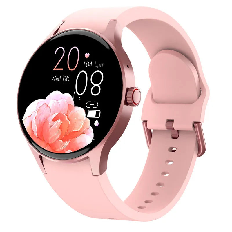 Black smart sport watch with round touch screen on a wrist, showing a fitness stat display.