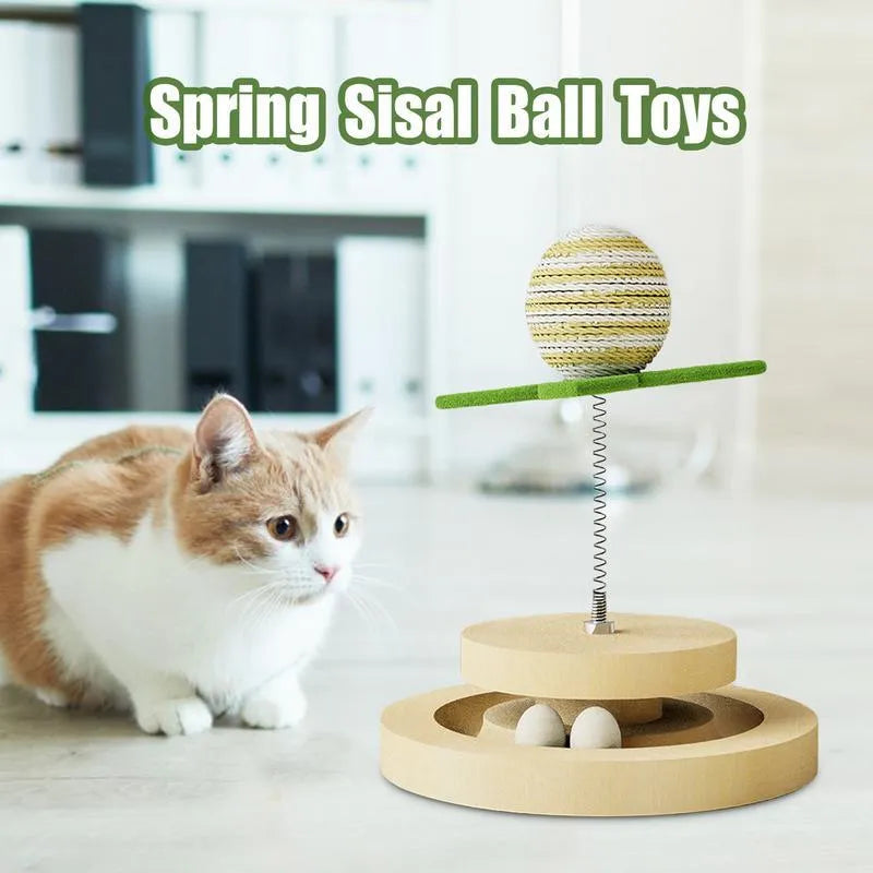 Green cat toy with sisal scratching pad, ball track, and spring ball for indoor kittens