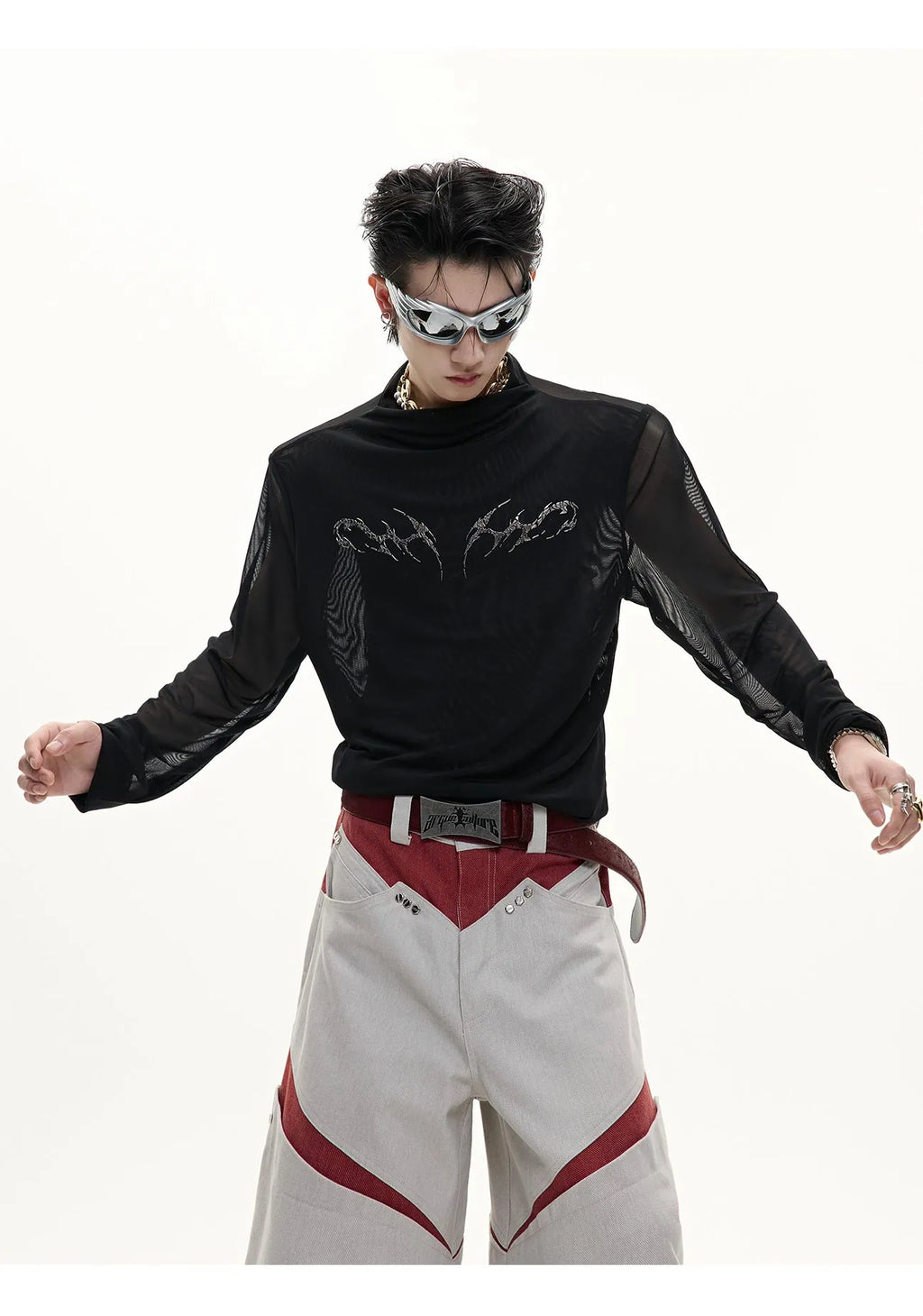 Niche Mesh slim fit long sleeve shirt in black or white, made from polyester and spandex fabric.