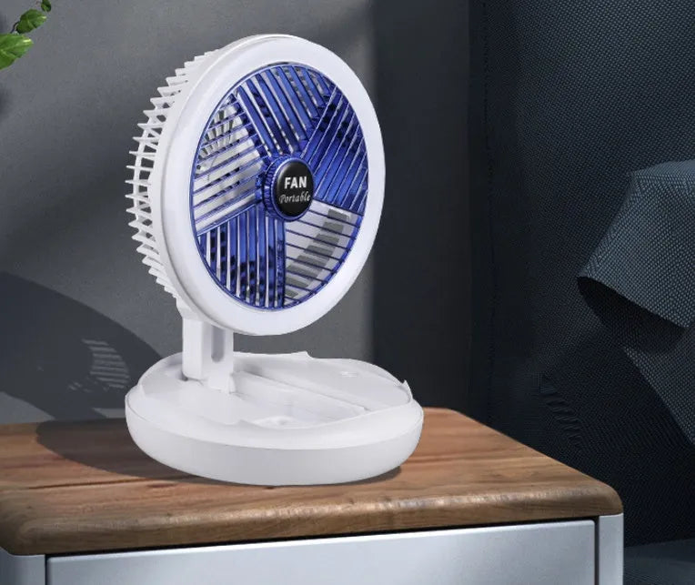 USB charging foldable table fan with LED light, 4 speed settings, in blue or grey, with pen holder