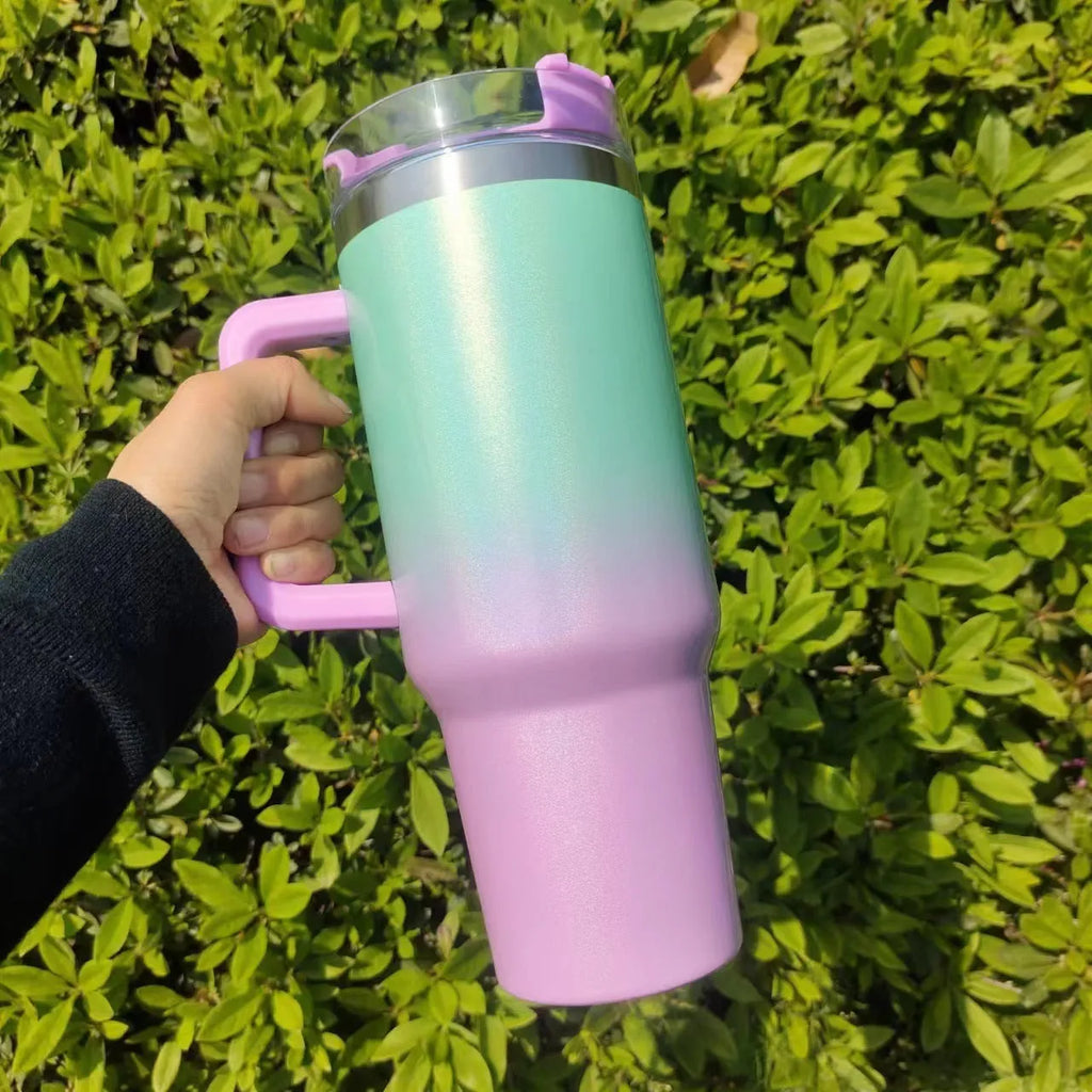 Large capacity double-layer stainless steel vacuum insulation cup with gradient colour finish, 10cm diameter and 27.5cm height
